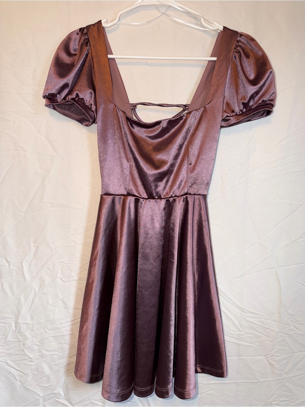 Windsor Shimmery Mauve Puff-Sleeve Mini Dress